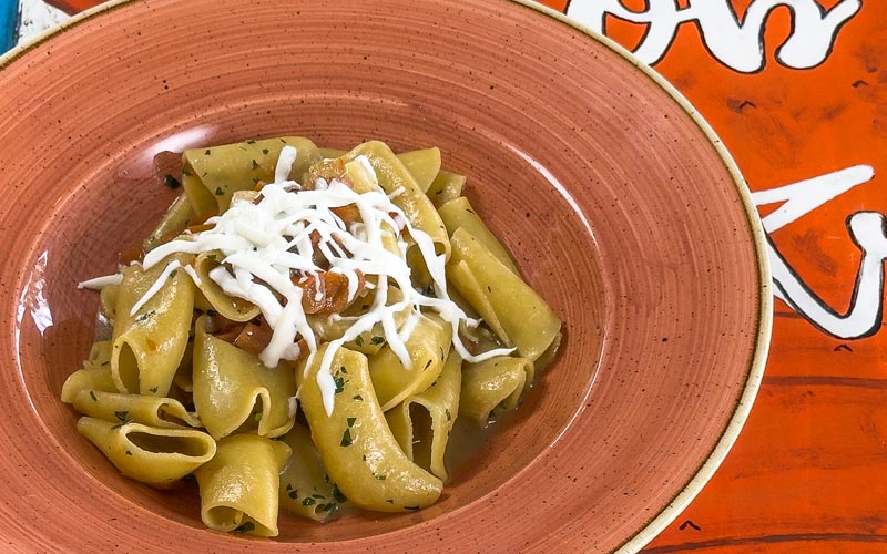 PalmBeach Tropical Restaurant | Paccheri Santo Antão | artesan fresh pasta with fresh tomato sauce, goat cheese from santo antão island, and anchovies