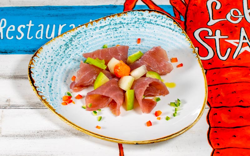 PalmBeach Tropical Restaurant | Smoked Tuna Ham | smoked tuna fillet with lemon, green apple and melon woods, served with red pepper concasse, a drizzle of extra virgin olive oil and black pepper