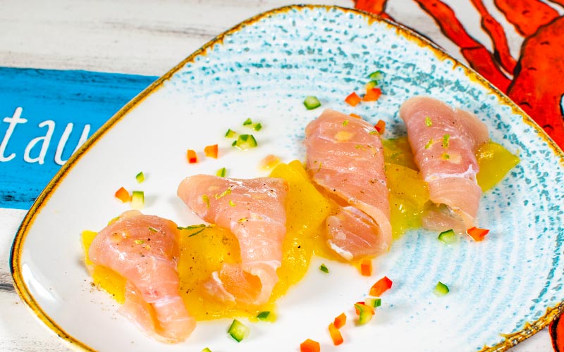 PalmBeach Tropical Restaurant | Sliced Marinated Amberjack with Pineapple | amberjack or grouper depending on availability, pineapple, extra virgin olive oil, pink pepper and spices